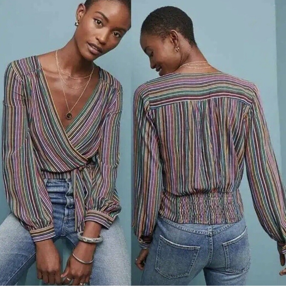 Maeve SIZE 4 Anthropologie lisa multi striped tie wrap blouse